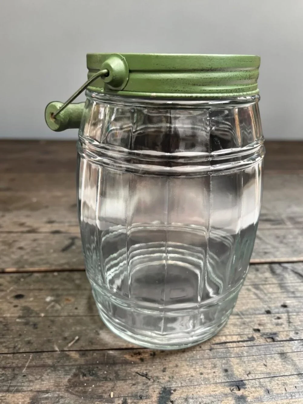 Vintage Glass Barrel Style  Jar With Green Metal Lid & Wood Handle - Rustic Farm